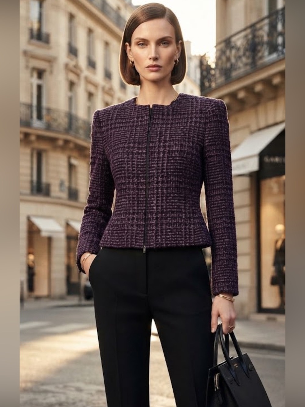 Vintage Rena Rowan Plum Tweed Cropped Zipper Blazer Jacket